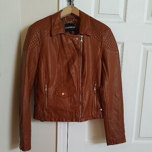 Express Brown Leather Motorcycle Jacket with Quilted Shoulders